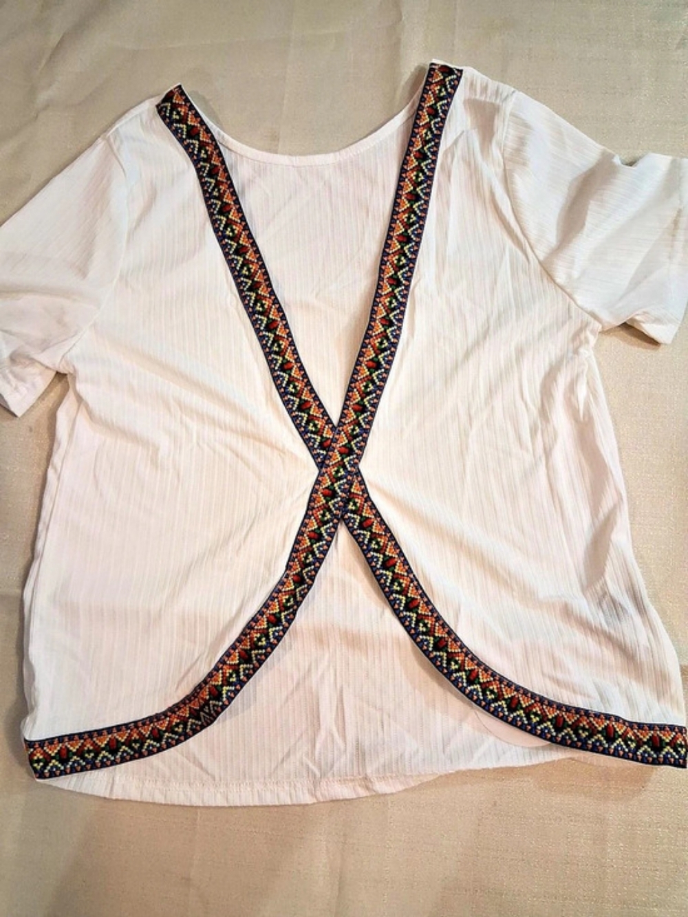 Women's White Geometric Trim Short Sleeve Top Shein M